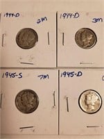 1944D, 44D, 45D, 45S Mercury Head Dimes (4)