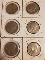 1974, 79, 80, 81, 89, 99 Kennedy Half Dollars (6)