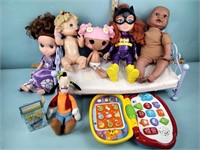 Dolls, doll bed, plush animals, toys