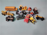 Bulldozers, police cars, motorcycles, school bus
