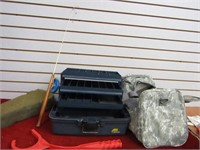 Tackle box, camo bag, pigeon thrower, ice fishing