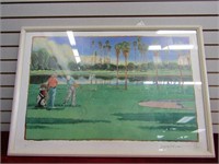 Framed signed golfing water color painting.