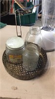Old jars, deep fryer basket blender, misc