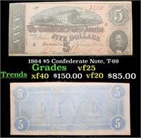 1864 $5 Confederate Note, T-69 Grades vf+