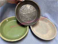 Old Blue Bird pie tin & 2 pottery pie plates