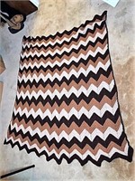 Hand Knit Afghan in Brown Zig Zag