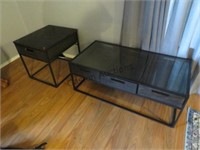 METAL AND GLASS COFFEE TABLE AND END TABLE