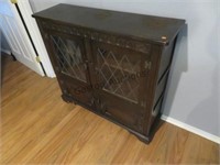 VINTAGE WOOD CABINET W/ 2 GLASS DOORS, 2 FIXED