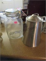 ALUMINUM COFFEE POT AND LARGE GLASS STORAGE