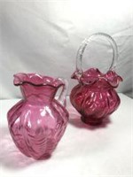 Cranberry Art Glass w Ribbon Handles
