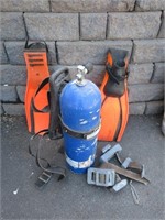 SCUBA TANK, WEIGHTS AND FLIPPERS