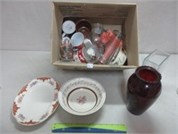 RUBY GLASS VASE AND NICE ASSORTMENT OF DISHWARE