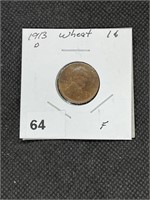 Rare Key Date 1913 D Wheat Cent Fine Grade