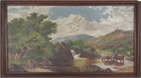 AMERICAN SCHOOL LANDSCAPE PAINTING W CATTLE RIVER