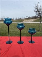3 large blue art glass