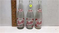 3 VINTAGE ACL PEPSI COLA EMBOSSED SODA BOTTLES