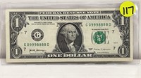 2017 $1 BILL WITH FANCY SERIAL NOUMBER 09998888