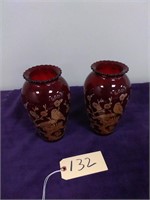 Pr. Ruby red vases with bird overlays