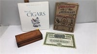 4PC CIGAR LOT - BOX BOOKS & 1927 TOBACCO STOCK