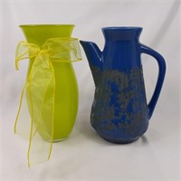 Lime Green Vase and Blue Ceramic Pitcher