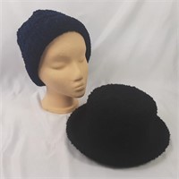 Pair of Ladies Knit Hats in Blue and Black