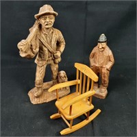 Two Wood Figures and a Mini Rocker