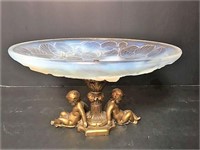 White Opalescent Brass Footed Bowl
