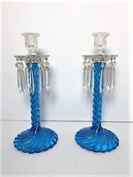 Pair of Blue and Clear Lustre Candle Holders