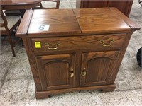 OAK BAR CABINET ON WHEELS, FOLD OUT TOP