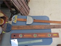2 Vintage Belt Measuring Rulers & Wood Level