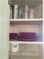 Red  Stoneware  Set & Glassware in Cabinets