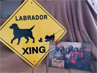 Lab Crossing metal sign and Box of Lab Puppies