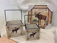 Framed wooden Moose picture and two wooden boxes