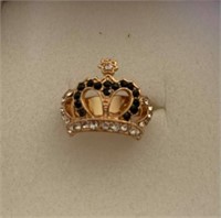 Gold Rhinestone and Black Stones Crown Ring size