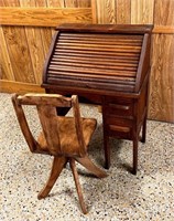 Antique Child's Oak Roll Top Desk & Chair