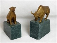 Pair of Bronze Bull & Bear Bookends on Marble Base