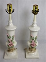 Pair of Vintage Porcelain Table Lamps with Roses