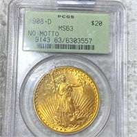 1908-D $20 Gold Double Eagle PCGS - MS63 NO MOTTO