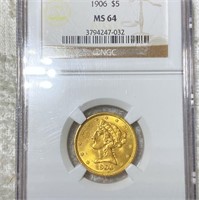1906 $5 Gold Half Eagle NGC - MS64