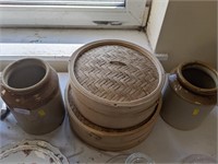 Stoneware jars plus 2 boxes