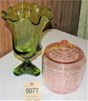 Green Vase & Pink Depression Glass Biscuit Jar