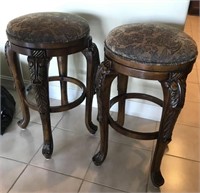 2 Carved Wood Upholstered Bar Stools W13C