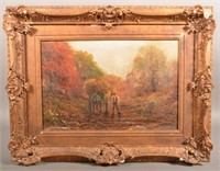 J. Hughes Autumn Harvest Scene Oil on Canvas Paint