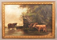 Antique Oil on Canvas Depicting Wading Cows.