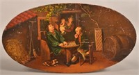 Oil on Oval Board Men Playing Checkers Painting.