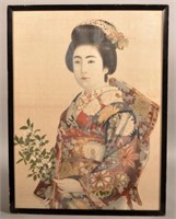 Vintage Painting on Woven Silk of a Japanese Geish