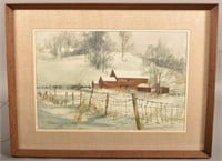 Schlemm Watercolor on Paper Winter Farm Scene.