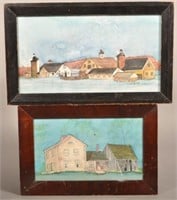 Two Vintage Farmstead Watercolor Paintings on Pape