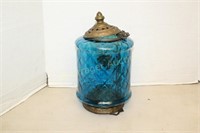 BLUE GLASS SHADE HANGING OIL LAMP