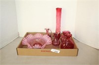 6 PIECES OF RED/ PINK GLASSWARE